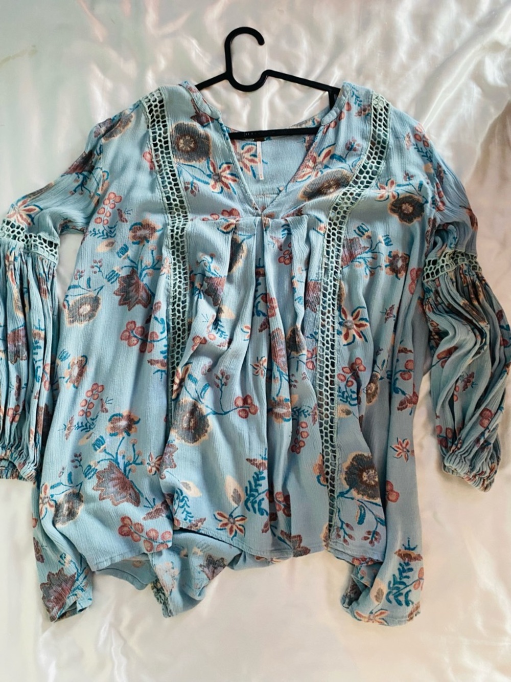 Free People Light Blue Floral Crochet-Trim Tunic